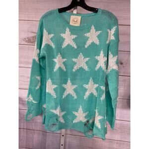 NWOT Fantastic Fawn Anthropologie Women's Medium Aqua White Star Sweater Knit